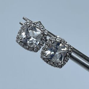 Elegant 925 Sterling Silver Cushion Cut Halo White Sapphire Dainty Stud Earrings